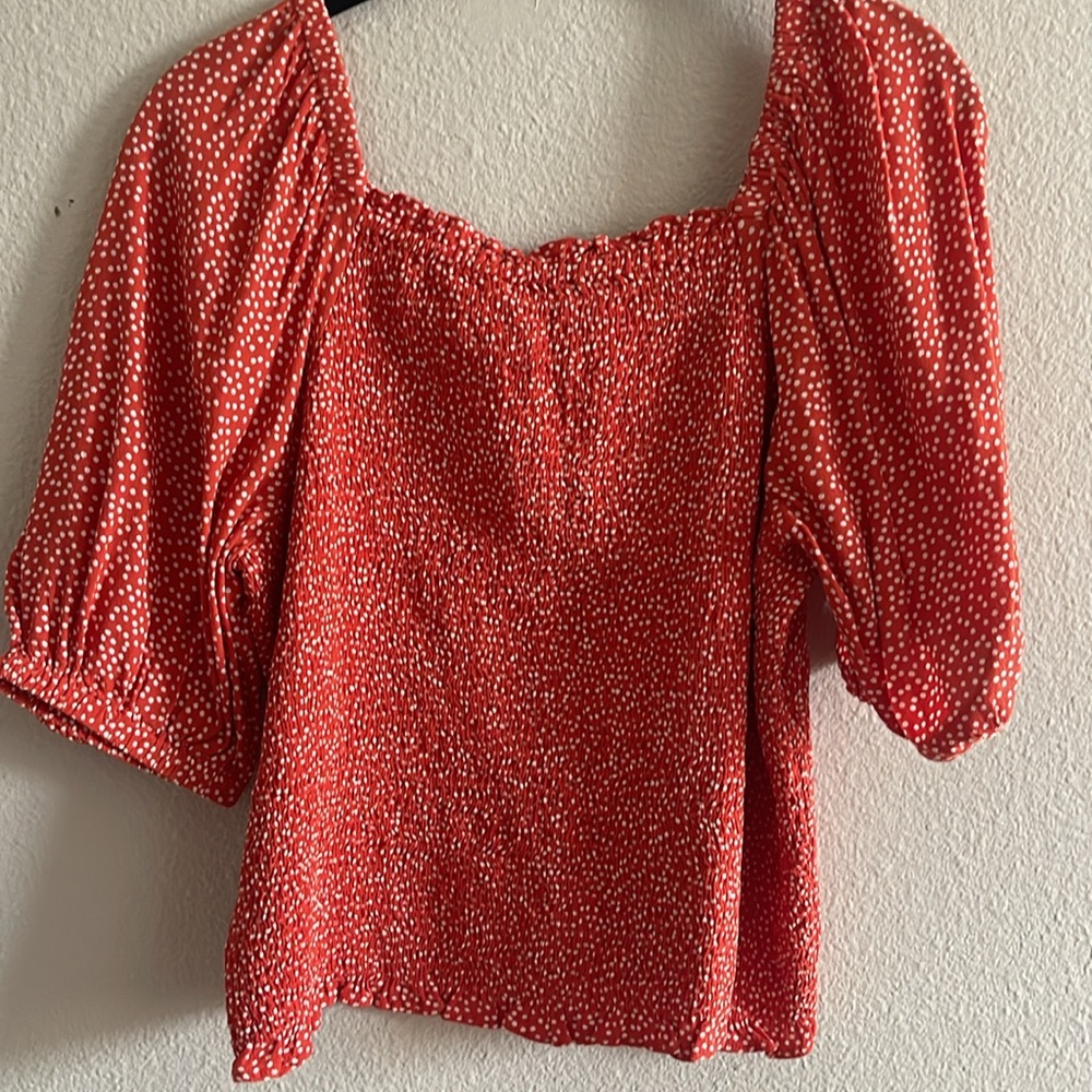 LOFT Red Puff Sleeve Smocked Top - Picture 5 of 6